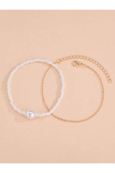 muptejewelry Mupten Women's White Beaded Pearl Detailed Chain Anklet