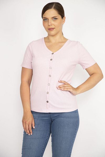 Şans Damska różowa, plus size, dekolt w kształcie litery V, z przodu, ozdobna, zapinana na guziki, materiałowa bluzka z krótkim rękawem 65n36550