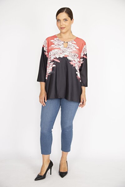 Şans Women's Colorful Kiss Collar Stone Detailed Capri Sleeve Blouse 65n36538