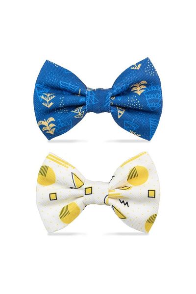 Lusi Doog Navy Blue Patterned and White Geometric Patterned Dog Bow Tie Set of 2