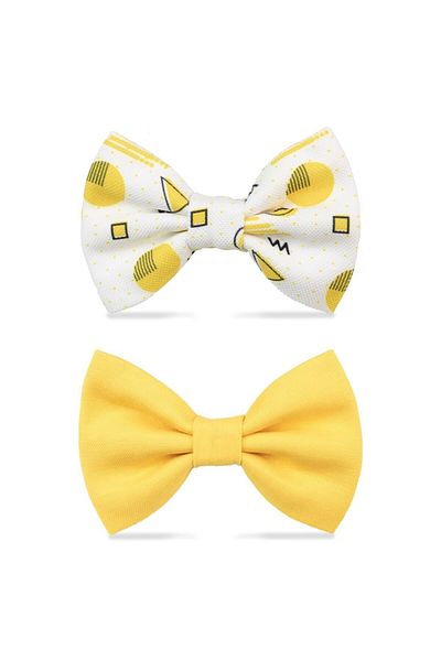Lusi Doog Set of 2 White Geometric Patterned and Yellow Dog Bow Tie