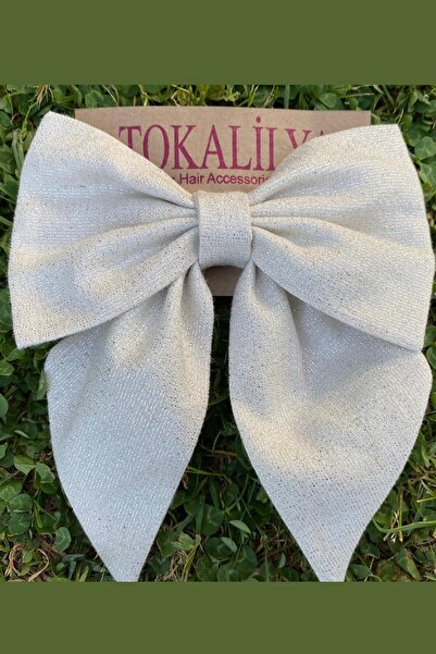 TOKALİLYA Kadın Krem Rengi Kendinden Simli Fiyonk Klipsli Otomatik Toka