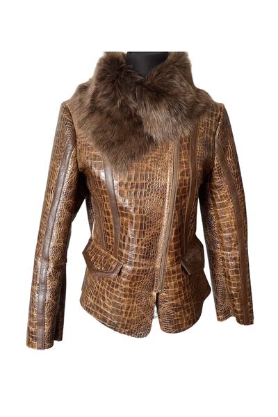 asus deri سترة نسائية من فرو الحمل الأصلي من Tooma بلون كونياك