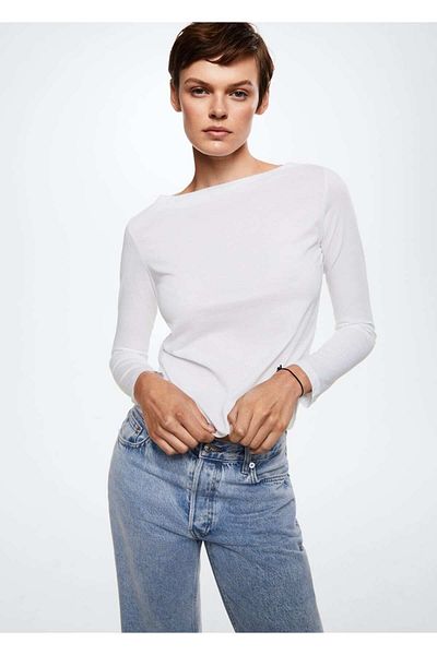 MANGO Woman Tricou din bumbac cu gât cu barca