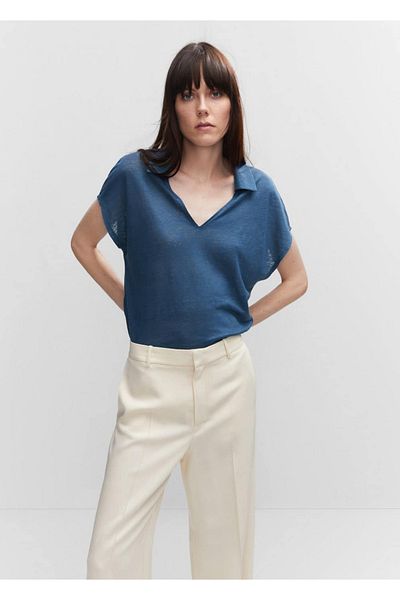 MANGO Woman Tricou polo din in cu decolteu în V