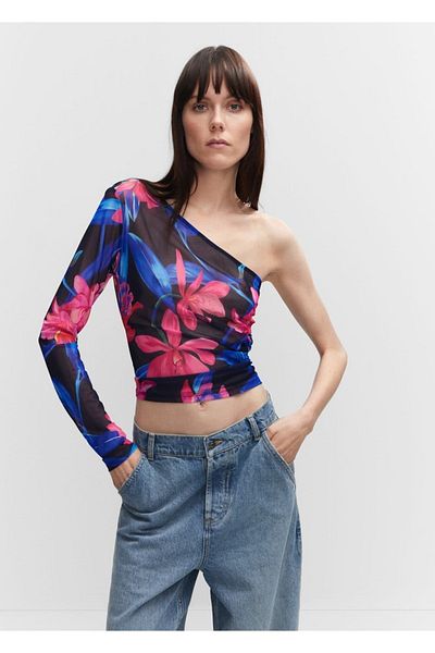 MANGO Woman Floral asymmetric tulle blouse