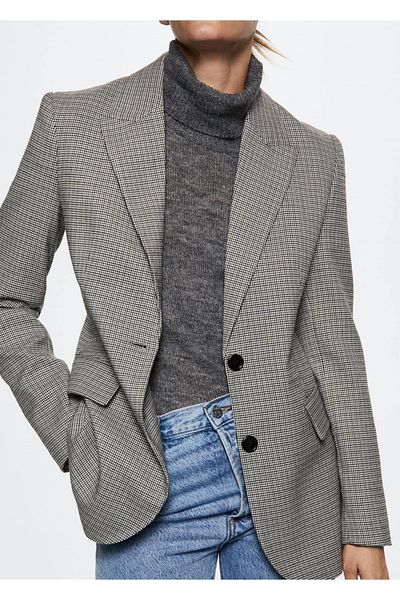 MANGO Woman Vlněná bunda se vzorem Houndstooth