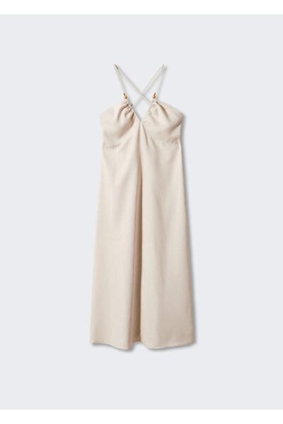 MANGO Woman Sırtı Çapraz Keten Elbise