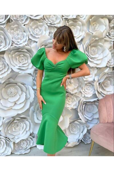 twomeey Γυναικείο φόρεμα μίντι από ύφασμα Atlas με μανίκια καρπούζι και βολάν...