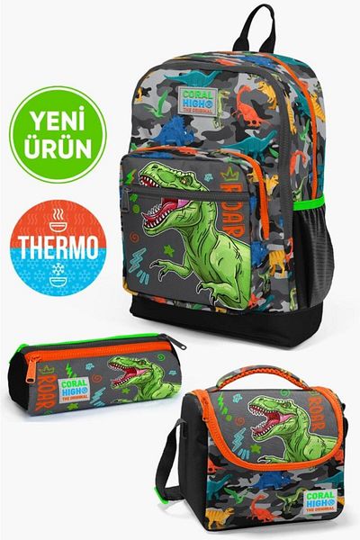 Coral High Kids Black Gray Dinosaur Patterned Pen Holder, Nutrition, 3-Piece School Bag Set GOSET0123744