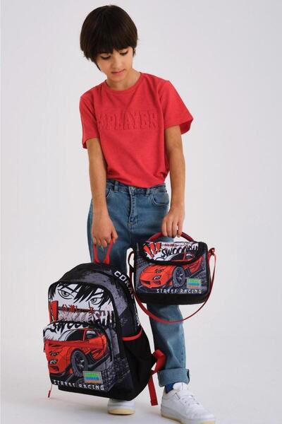Coral High Kids Black Red Anime Car Pattern Pen Holder, Nutrition, 3-Piece School Bag Set GOSET0123747