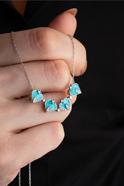 Nereze 925 Ayar Gümüş Mıknatıslı Ayrılabilir Su Yeşili Mineli 4 Kalpli Yonca Kolye