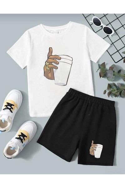 Serays moda Printed Girl's Shorts Set with Coffee Cup