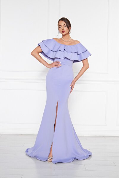 NO48 Liliac decolteu barcă Volană Detaliu țesătură elastică fără umăr Rochie ...