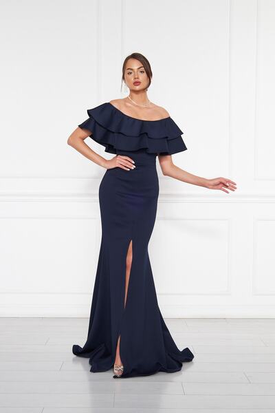 NO48 Rochie de seară cu volane, albastru bleumarin, țesătură elastică, fără u...