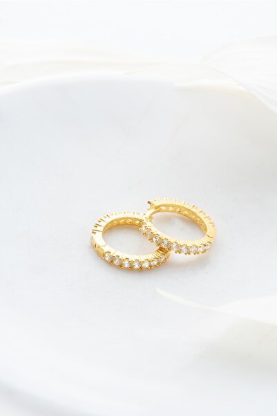 Nereze 925 Ayar Gümüş Gold Kaplama 15 mm Zirkon Taşlı Tamtur Küpe
