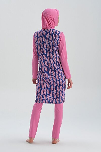 Dagi yelekli tam kapalı boneli Pembe Tesettür mayo set
