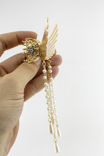 Nera Classy Pearl Chain Dangle Latch Buckle, Winged Pearl Buckle Stainless 1 Piece