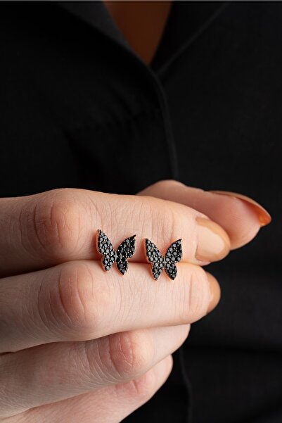 Nereze 925 Ayar Gümüş Minik Siyah Taşlı Kelebek Küpe