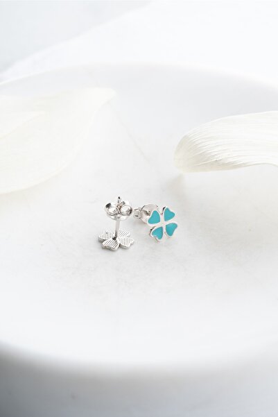 Nereze 925 Ayar Gümüş Minimal Turkuaz Mineli Yonca Küpe