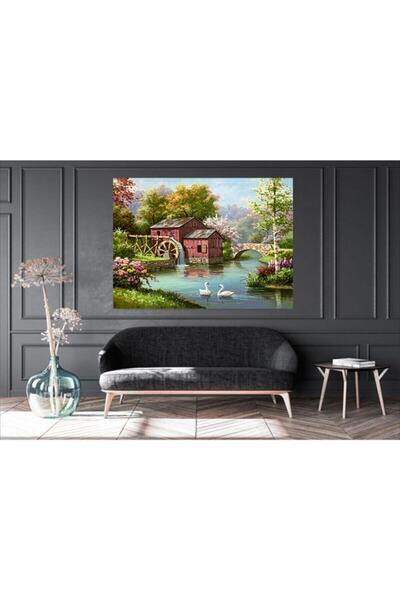 Tablo Deposu Kuğulu Ev Manzara Kanvas Gülen Tablo