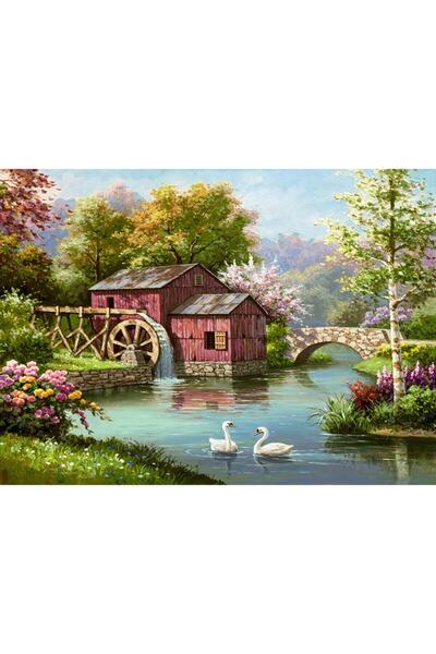 Tablo Deposu Kuğulu Ev Manzara Kanvas Gülen Tablo