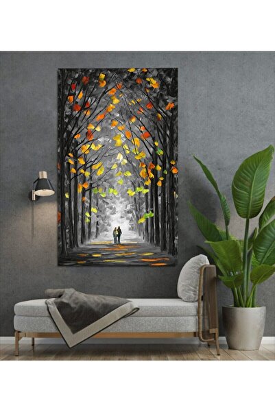 Tablo Deposu Fallen Leaves and Walking Couple Canvas Smiley Painting