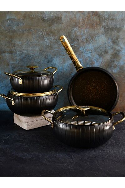 şirin eşyalarım OMS 7 Piece Meridian Black Cookware Set - Black