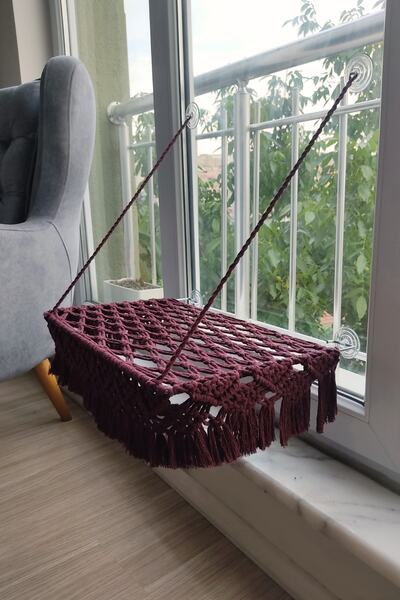 TREND Makrome Vantuzlu Hamak Cam Kedi Yatağı (Bordo)