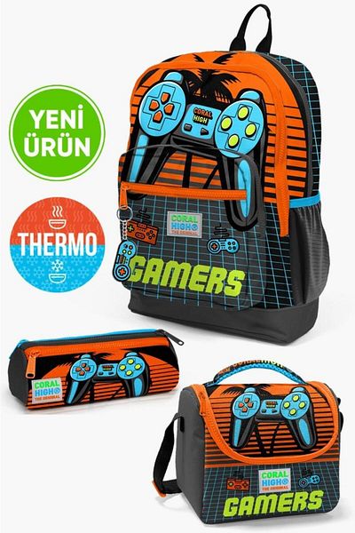 Coral High Kids Gray Orange Gamer Patterned Pencil Holder, Nutrition, 3-Piece School Bag Set GOSET0123746