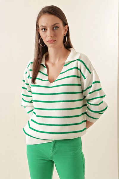 hazelin Pulover de damă, alb, verde, cu dungi, cu gât polo, tricotaj, crop, Hzl23w-bd 1100841