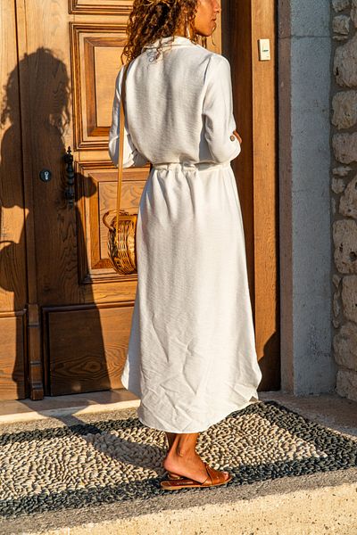 Güneşkızı Rochie cămașă cu centură de paie cu talie albă de in GK-BST2837