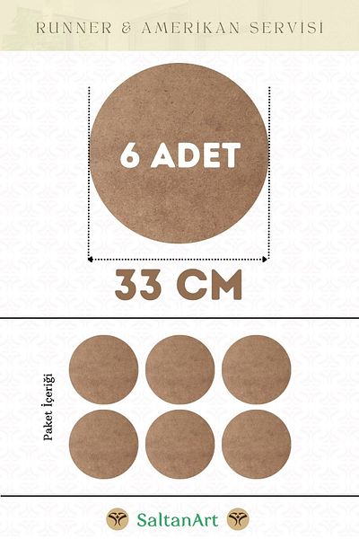 SaltanArt Диаметър 33 см, 6 броя, американски сервизен бегач, MDF, Drolit, магнитна основа, дърво, дебелина 3 мм (2,7 мм).