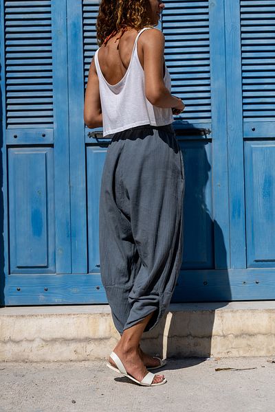 Güneşkızı Women's Gray Washed Linen Pocketed Elastic Waist Shalwar Trousers GK-CCK58048ND
