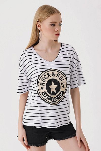 hazelin Tricou alb pentru femei, cu decolteu în V, cu dungi imprimate, cu croiala confortabilă, ușoară, supradimensionată Hzl23s-bd143031