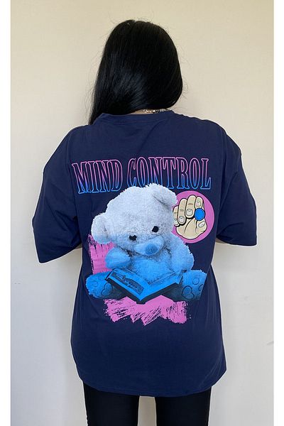 Butik Nilyam Plus Size Women's T-Shirt MIND CONTROL Printed 21023 Navy Blue