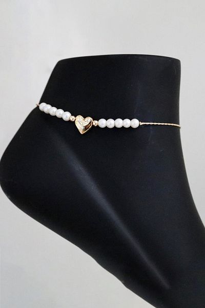 EUROMODA Heart Designed Pearl Beaded Anklet Foot Accessory
