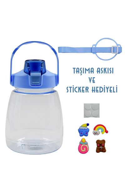 BottleBoss Transparent Water Bottle with Blue Carrying Strap and Straw 1200 Ml Sticker GIFT Blue 1.2 L
