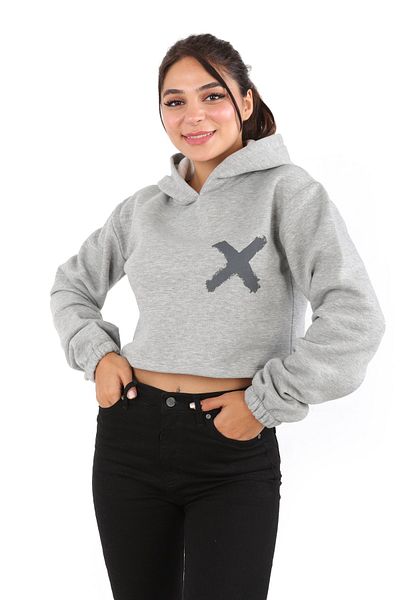 DİVİSTA Γυναικείο γκρι oversize μανίκι ελαστικό με κουκούλα με στάμπα