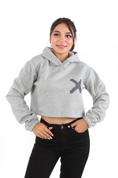DİVİSTA Γυναικείο γκρι oversize μανίκι ελαστικό με κουκούλα με στάμπα