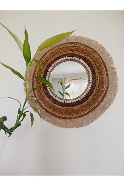 Bohem Shop El Yapımı Bohem Dekoratif Ayna Hasır Saçaklı Püsküllü Makrome Kahv...