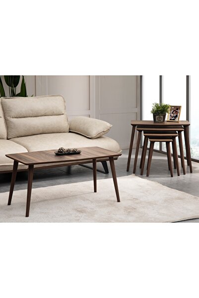 vovvahome VEGA 4LÜ DÖRTLÜ MDF AHŞAP ZİGON SEHPA VE ORTA SEHPA SETİ - CEVİZ