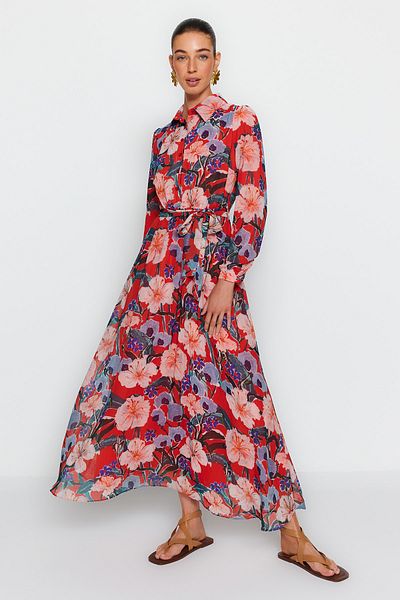 Trendyol Modest Πολύχρωμο πουκάμισο με φλοράλ στάμπα γιακά με ζώνη υφασμένο φόρεμα από σιφόν TCTSS22EB0035