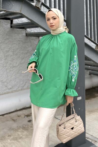 lamelif Green Embroidered Sleeve Tunic