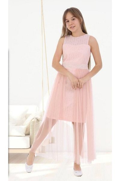 MENSİS Girls' Elastic Back Zipper and Button Closure Stone Belt Tulle Over Guipure Evening Dress