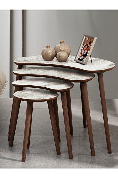 vovvahome MOON 4LÜ MDF AHŞAP ZİGON SEHPA - BEYAZ MERMER DESENLİ