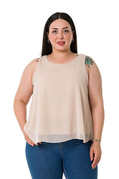 DISENTIS MODEST Σιφόν Μπεζ Μπλούζα Plus Size με Λεπτομέρεια πίσω Γραβάτα