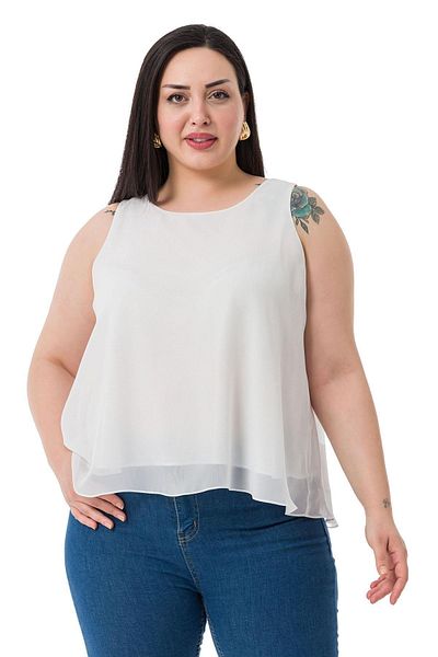 DISENTIS MODEST Plus Size Chiffon White Blouse with Back Tie Detail