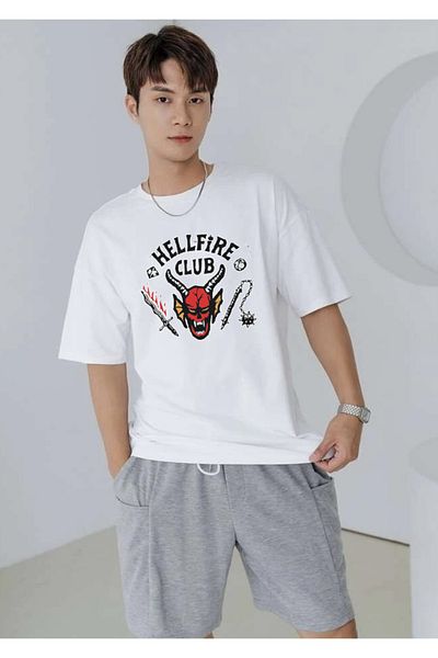 DEEPSENCE Μπλουζάκι Unisex Oversize White Hellfire Clup Μπροστινό τυπωμένο