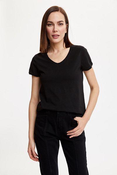 DeFacto Tricou cu mânecă scurtă, 100% bumbac, cu decolteu în V